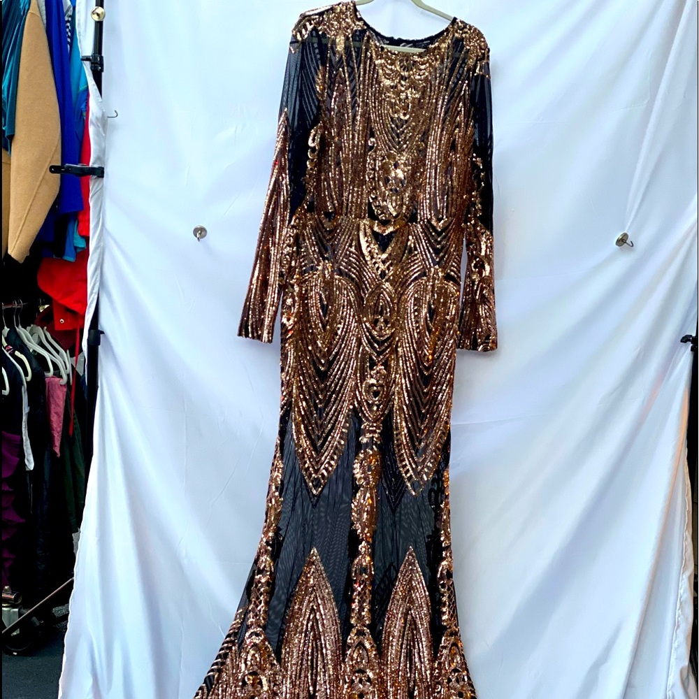 Stunning sheer sequined formal gown _ rose gold